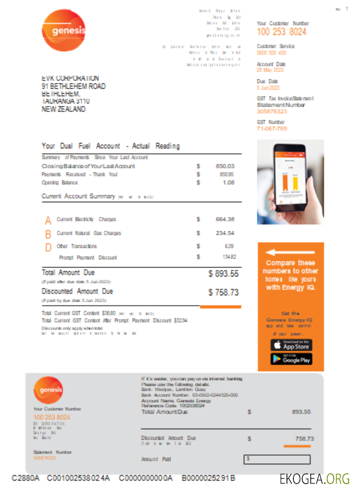 Facture commerciale du service public Genesis Gas, modèle Word et PDF, page 1 SCR